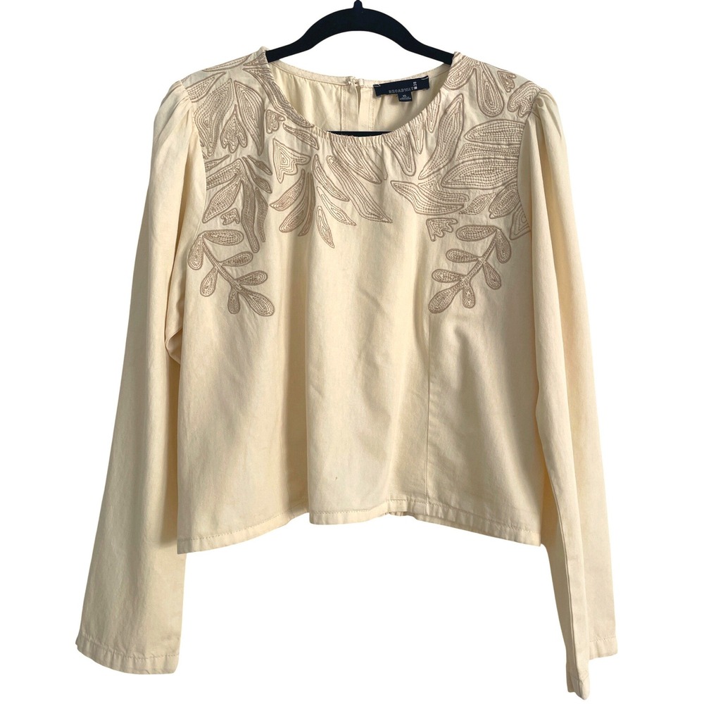 Broadway Womens XL Cream Embroidered Long Sleeve Blouse Smocked Back Top